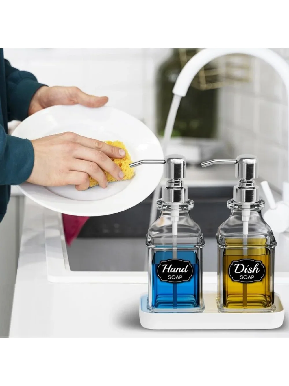 Antique Glass Soap Dispenser Set - 2 Pack with Tray, Rust-Proof Pump & Stickers